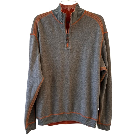 Reversible Fall Tommy Bahama Gray and Orange Quarter Zip Cotton Sweater Large - Picture 1 of 12